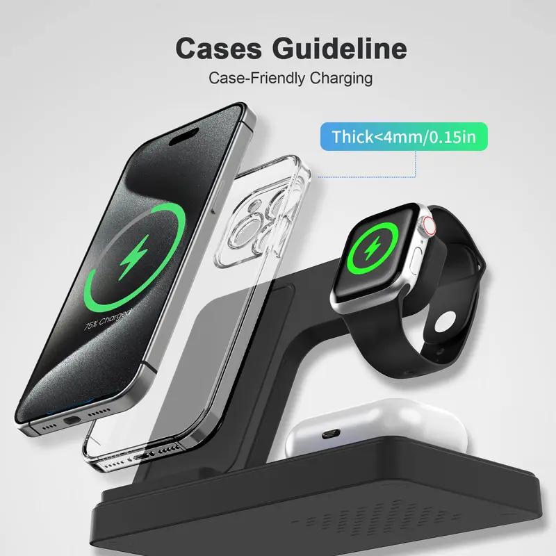 3 in 1 Wireless Charging Station, Foldable 15W Fast Wireless Charger Stand for Apple Devices, Qi-Certified for iPhone 18/17/16/15/14/13/12/11/Pro/Max/X/XR/Samsung, iWatch-SE/7/6/5/4/3/2 & AirPods, QC-3.0 Adapter Included