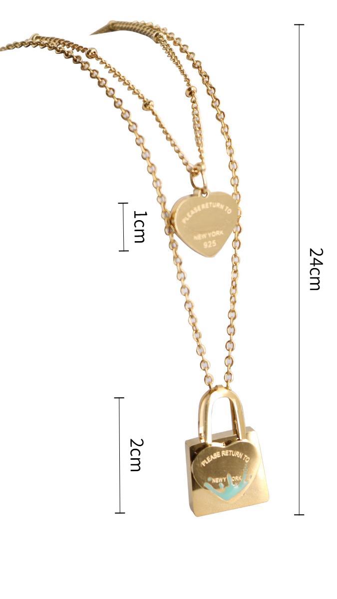 T's  Blue Oil Dripping Lock Heart Double-Layer Necklace Female 18K Gold Sweet Style Clavicle Chain