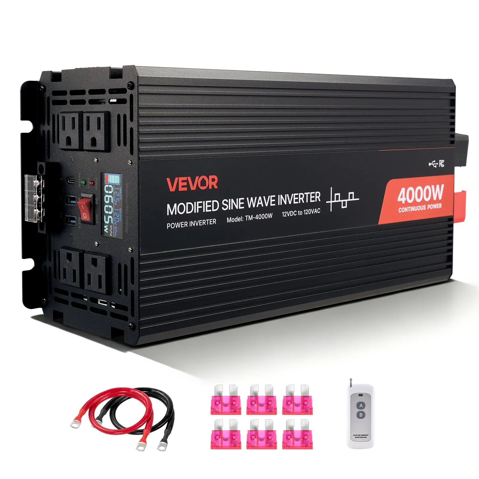 VEVOR 4000W Power Inverter - 12V DC to 120V AC Modified Sine Wave, Solar System Compatible Converter with LCD Display, Remote Control, Smart Cooling Fan, 2 USB Ports, 4 AC Outlets, Type-C Port, 11.68 lbs, 200W & Above for RV, Truck, Inches, Outdoor Power
