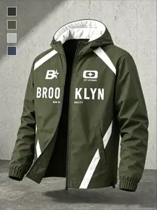 Men's Patchwork Letter Hoodie Jacket, Adjustable Drawstring Hood, Full Zipper Front, Windproof Casual Outerwear, All-Season Fashion