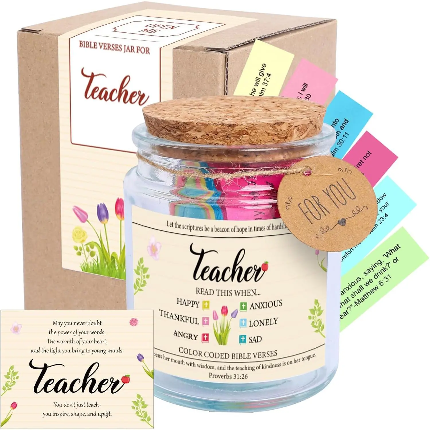 Verse Jar for Teacher Christian Teacher Appreciation Gifts | Inspiratonal Present For Teachers From Student Encouragement Jar with Uplifting Scripture Verses and Greeting Card