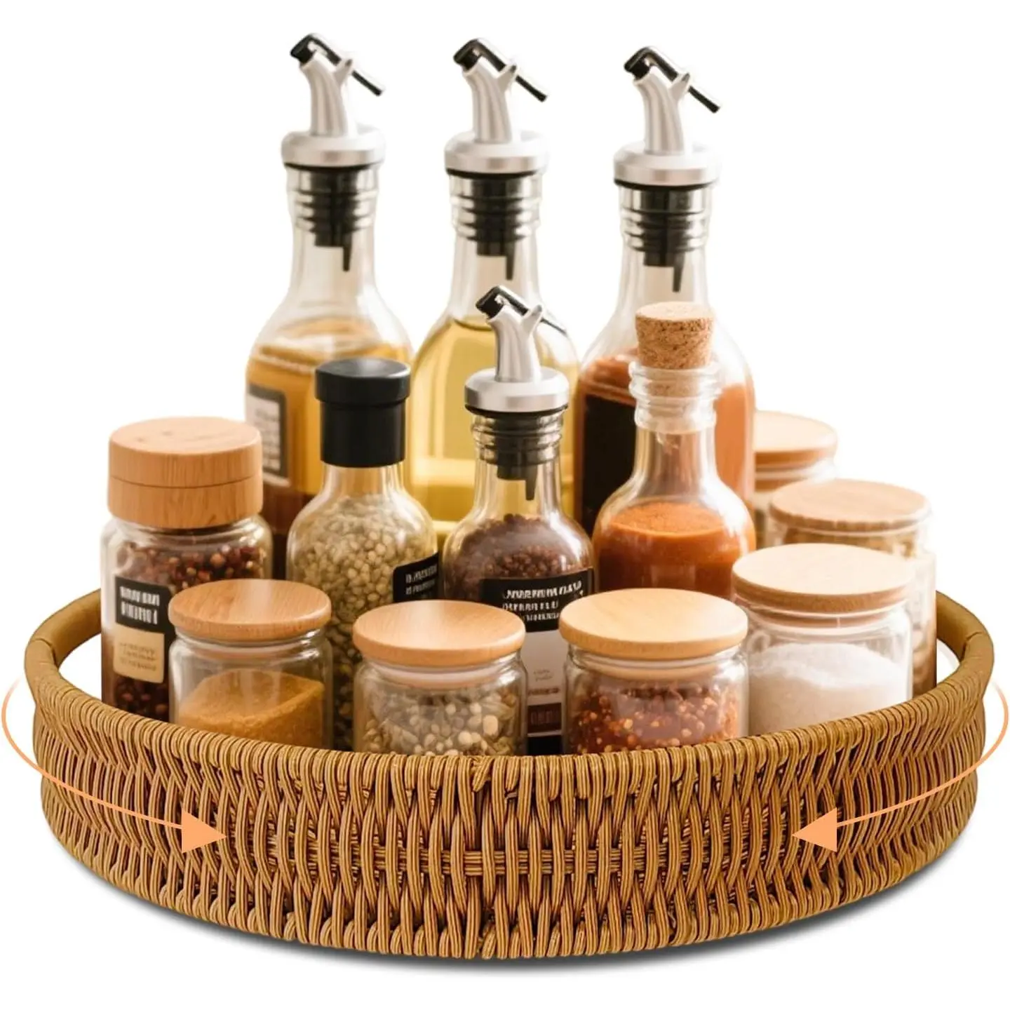 12 Inch Rattan Lazy Susan Organizer for Cabinet, Round Rotating Wicker Turntable Serving Tray with Handles for Kitchen Counter, Coffee Table