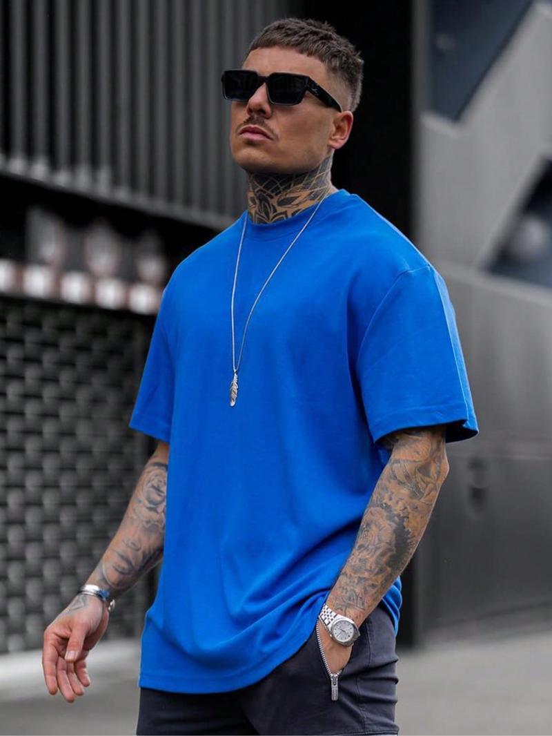 Men's Regular Fit Solid Drop Shoulder Half Sleeve Tee, Casual Comfy Round Neck T-shirt for Summer, Fashion Men's Top for Daily Wear