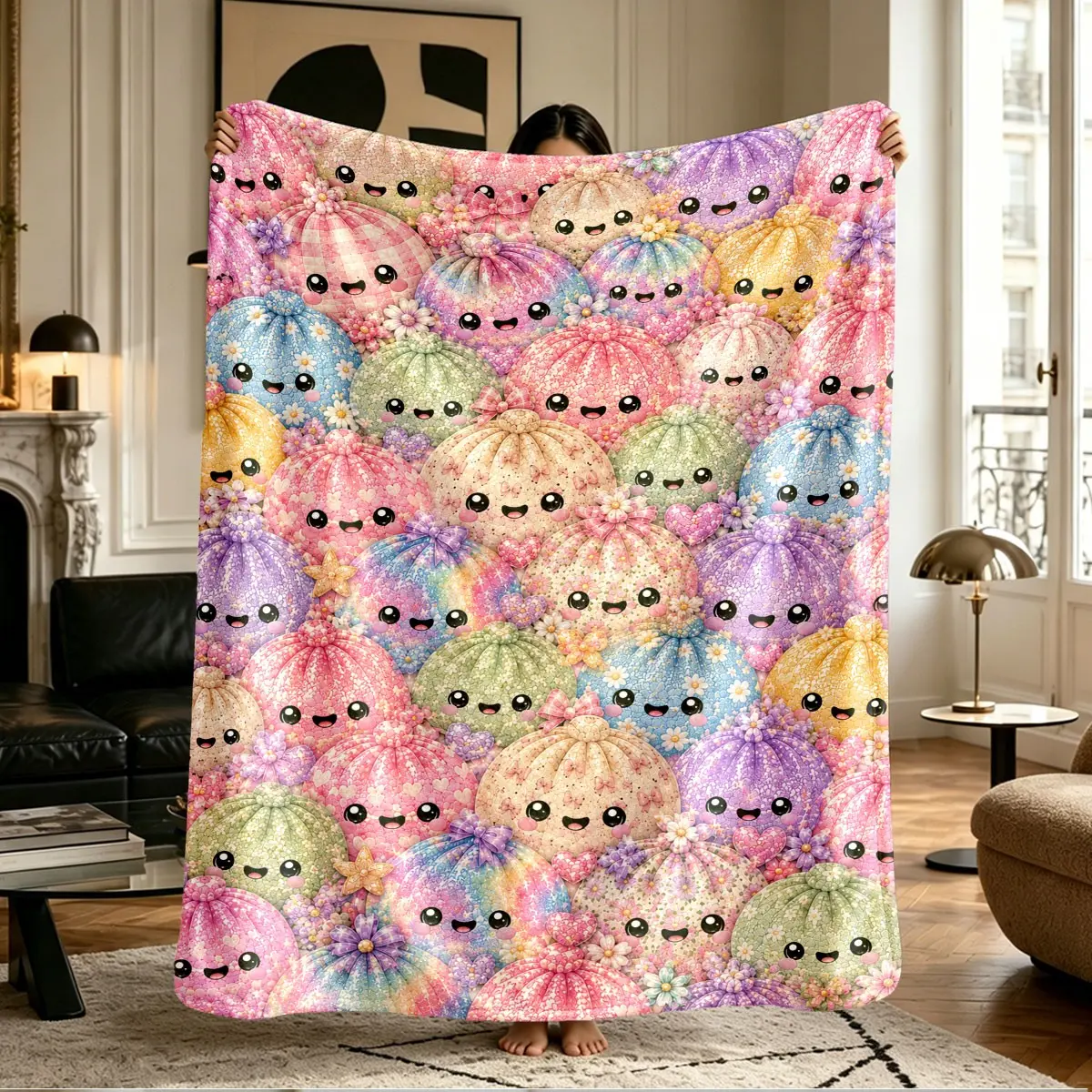 Soft Multicolor Cartoon Dumpling Print Flannel Blanket, Warm and Comfortable, Ideal for Bed, Sofa, Office, Camping, Travel