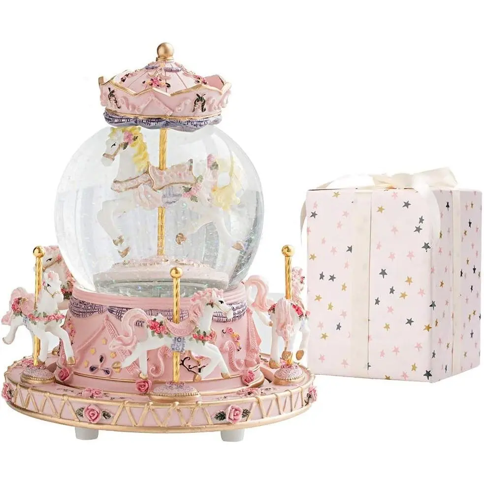 Magical Floral Sunshine Musical Snow Globe Carousel Music Box - Gift-Wrapped with Ribbon, Color Lights, Horses, Unicorn Decor - Home Supplies Gift for Girls, Christmas & Birthday Presents