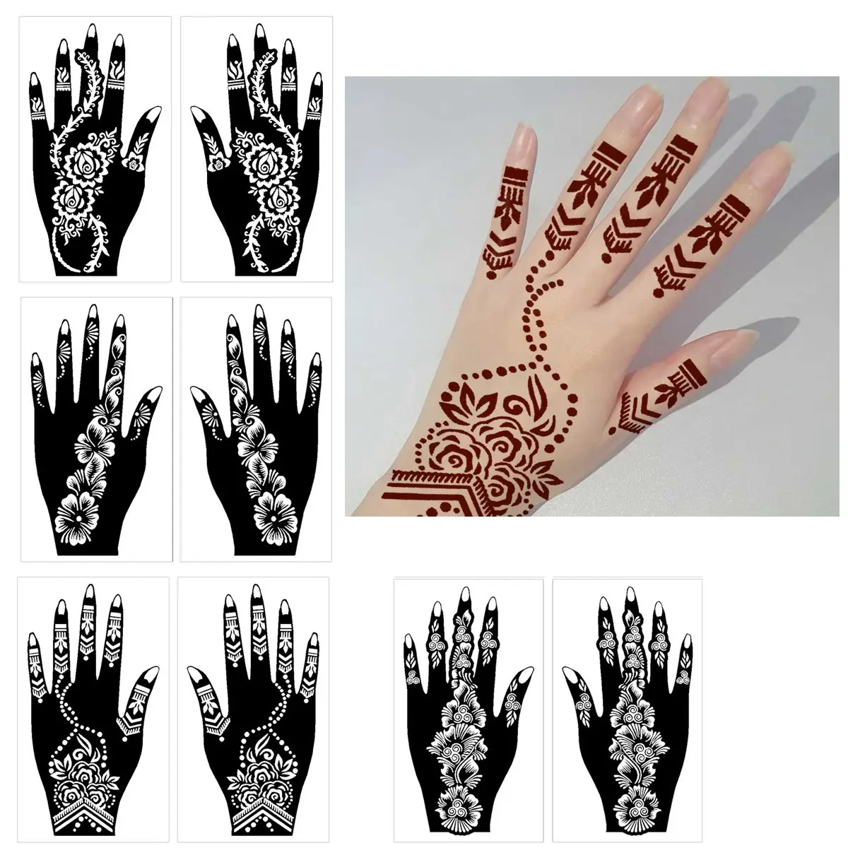 8 Pcs Hand Tattoo Templates Flower Patterns, 7.87x4.13 Inches, Body Art Decor, Wedding, Bride Makeup, Party, Holiday, DIY Painting, Human Art