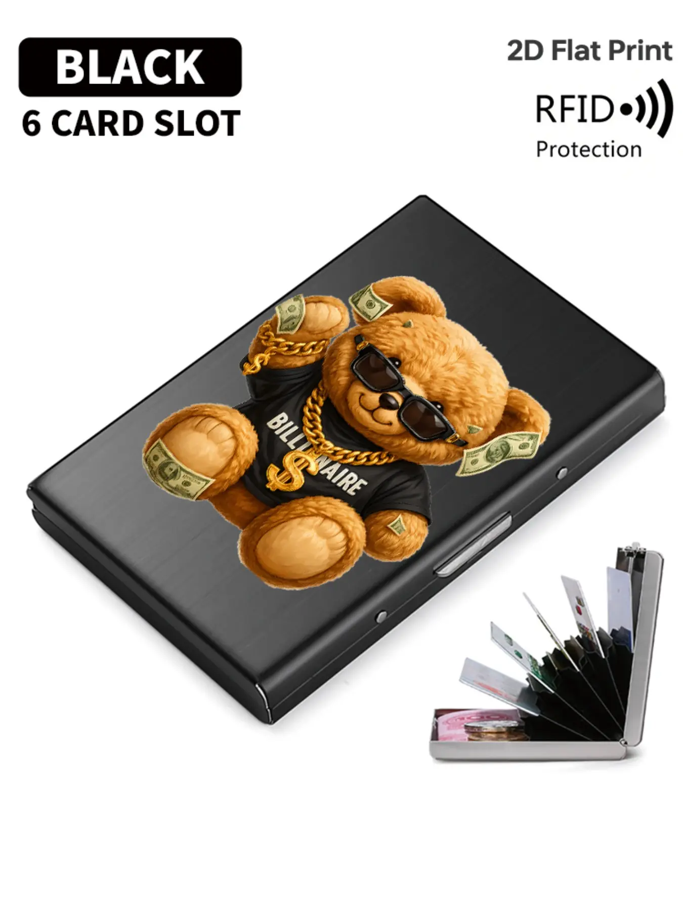 Rfid Anti-Theft Stainless Steel Card Wallet, Bear Pattern, Slim Credit Card Holder, Travel Business Daily Use, Unisex Gift
