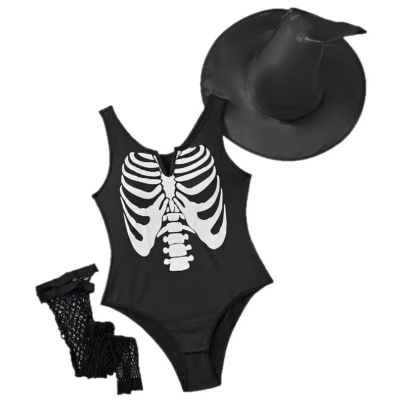 Women's 3-Piece Sexy Black Skull Theme Bodysuit Set - Polyester, Slim Fit, Soft Stretchy Fabric, Hand Wash, Night Wear, Halloween Cosplay Costume, Clubwear, Themed Event Outfit