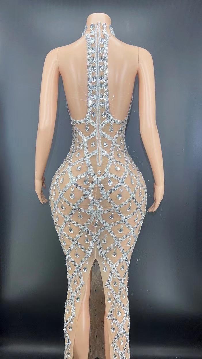 Sexy shiny rhinestone silver dress plus size women's party dress neck fishtail dress formal dresses women wrap dress prom