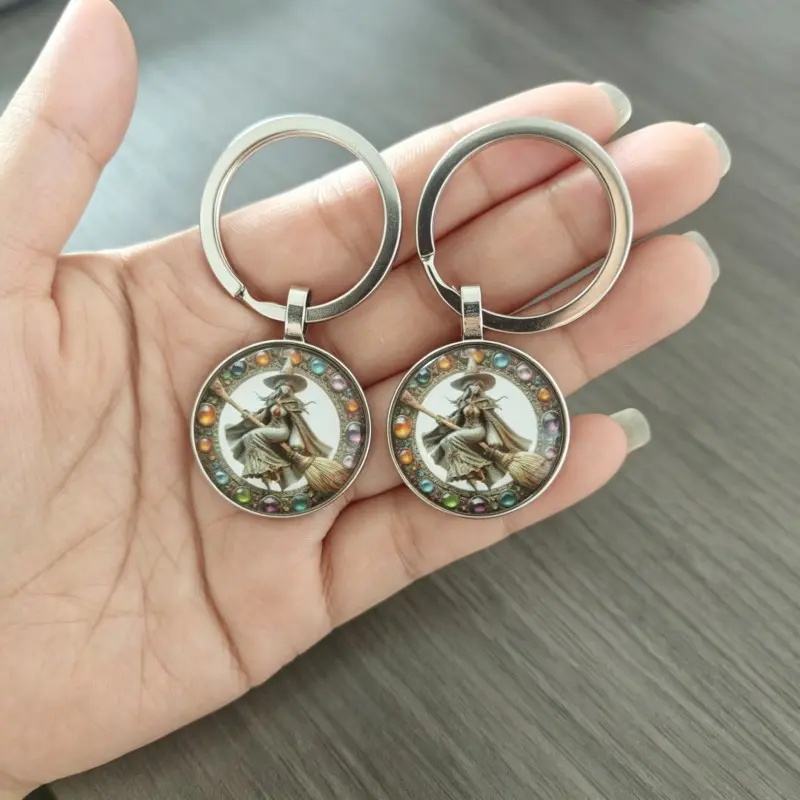 2-Pack Fashion DIY Keychains, Witch Broom Pattern Round Glass Keychains, Car Key Decor, Birthday, Graduation, Halloween, Christmas Gifts
