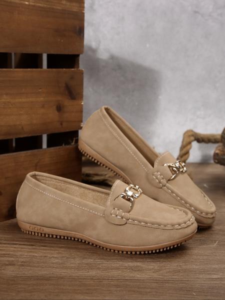 Women's Casual Round Toe Loafers, All-Season Slip-On Shoes, Comfortable Walking Flats, Metal Buckle Decor, Ideal for Work & Daily Wear