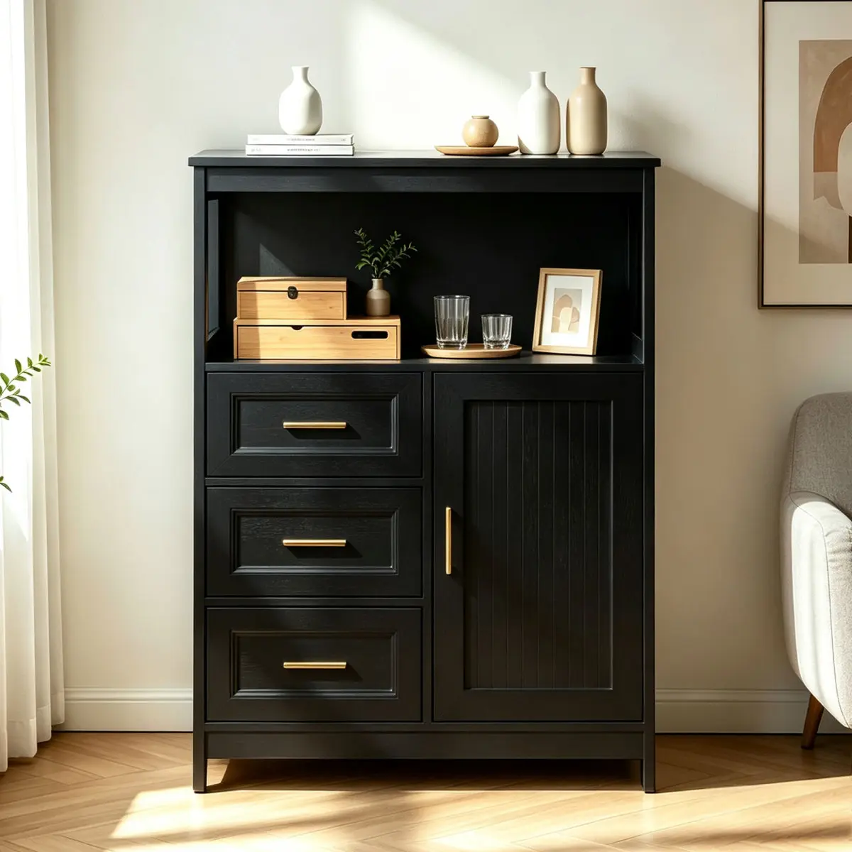 [Bellemave] Kitchen Storage Cabinet, Modern Buffet Cabinet , Storage with 3 Drawers and 1 Doors,Floor Sideboard for Living Room, Dining Room, Bathroom