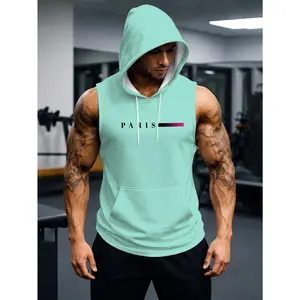 New mint green sleeveless hooded sports top men's with kangaroo pocket letter printing casual fitness training breathable and comfortable daily wear trend versatile jumper