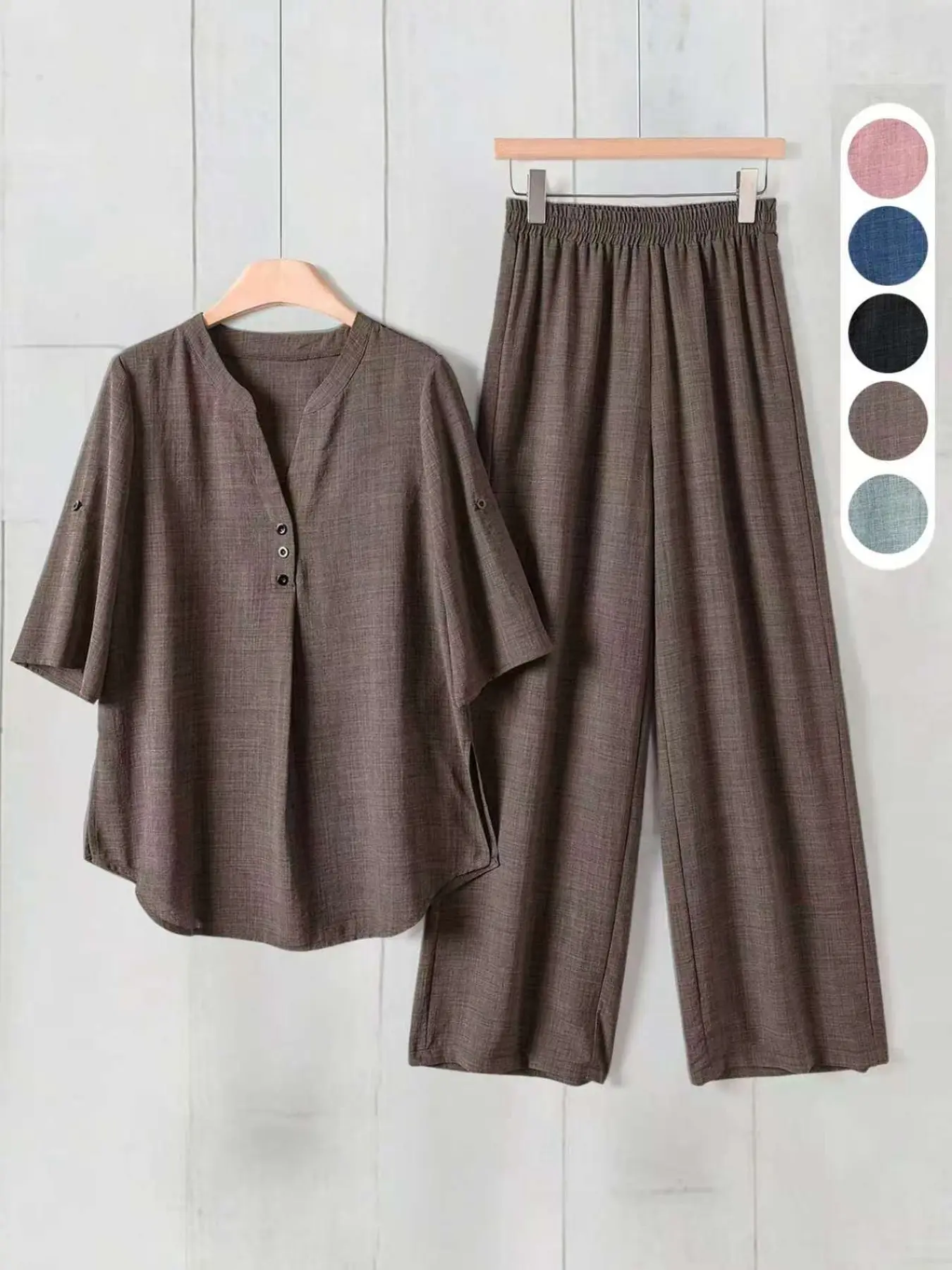 Deep V Neck Casual Set, Loose Fit Summer Breathable Lightweight, Simple Elegant Commute Wear, Refreshing Leisure Style