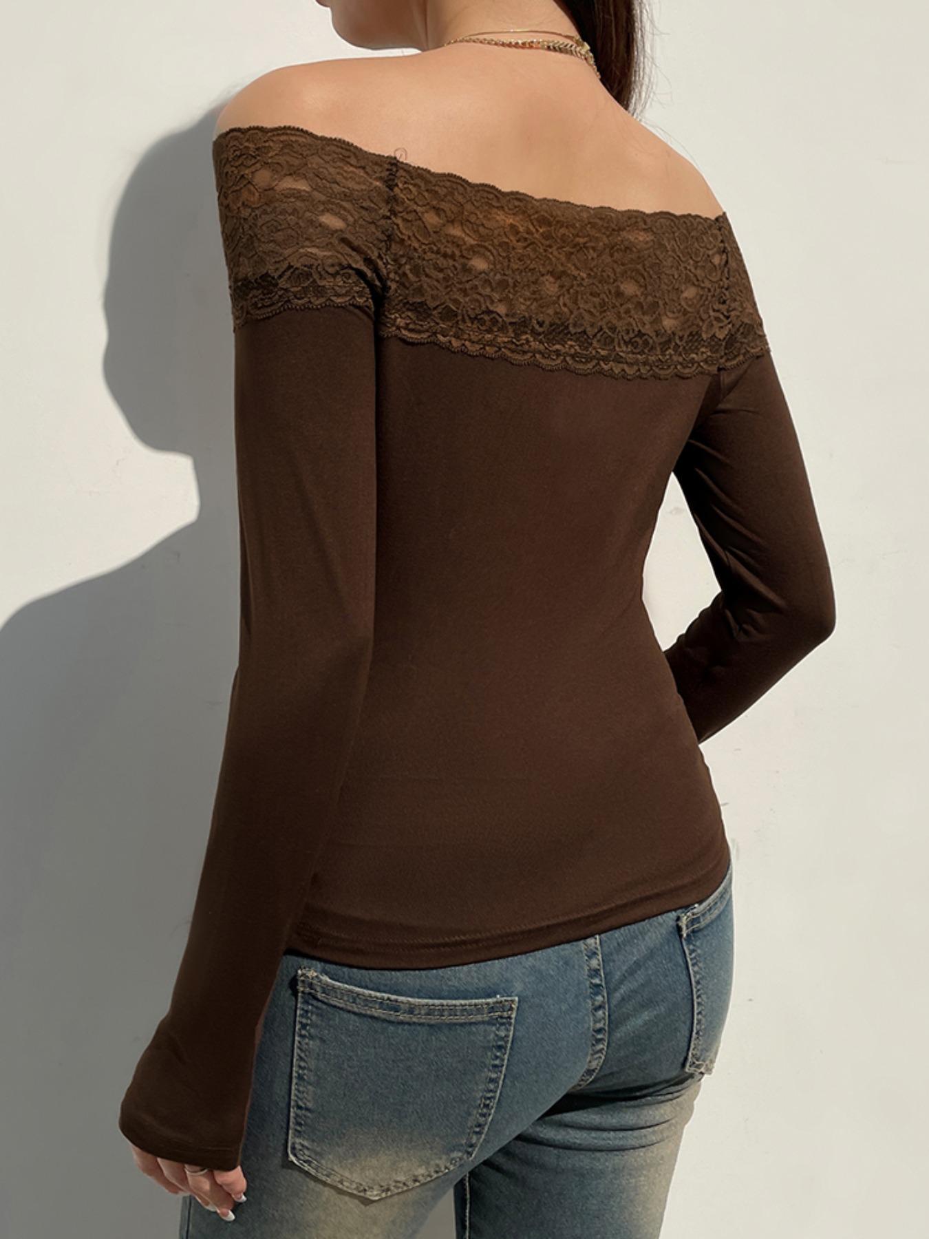 Women's Solid Contrast Lace Off Shoulder Tee, Top, Fashion Casual Long Sleeve T-Shirt for Daily Outdoor Wear, Women's Clothing for Spring & Fall