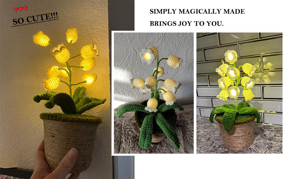 Lily of The Valley Lamp, Crochet Artificial Flowers with Night Lights, Cordless Table Lamp - Women Gift Ideas for Christmas Valentine Mother's Day, Desk Home Decorations (Pink)
