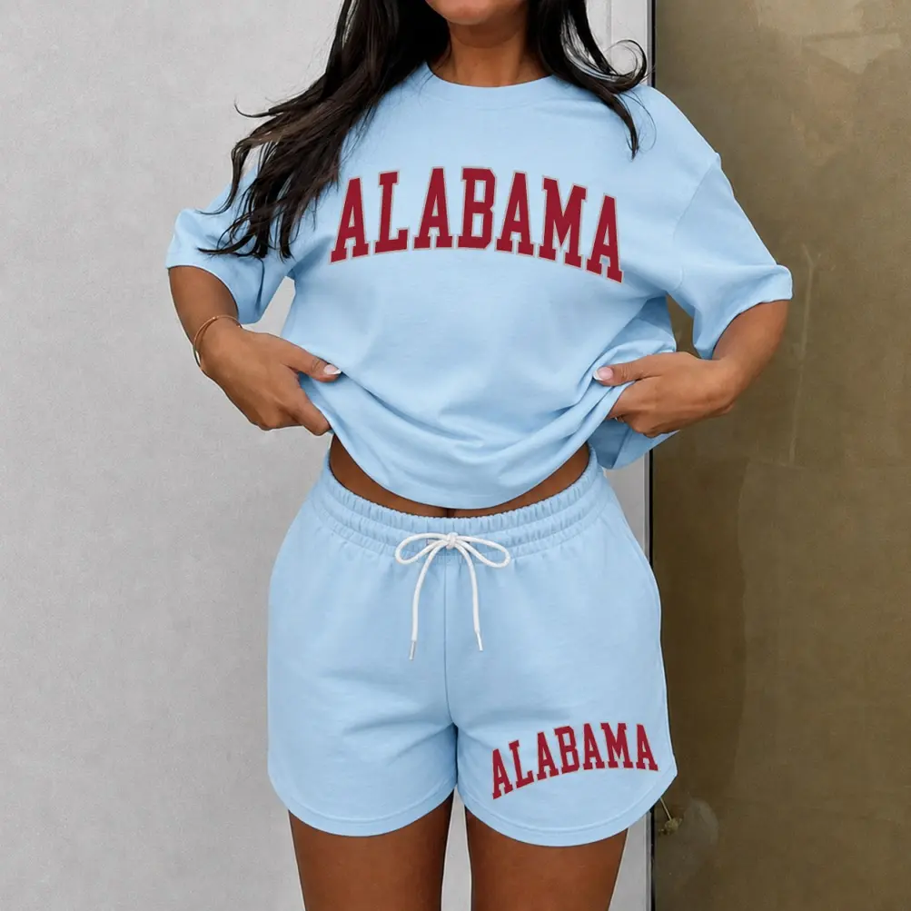 Women’s ALABAMA Graphic Print Short Sleeve T-Shirt and Drawstring Shorts Set, Casual Summer 2-Piece Outfit, Comfortable Crew Neck Top and Elastic Waist Shorts for Daily Wear, Vacation, Travel, Beach, Resort and Lounge Wear