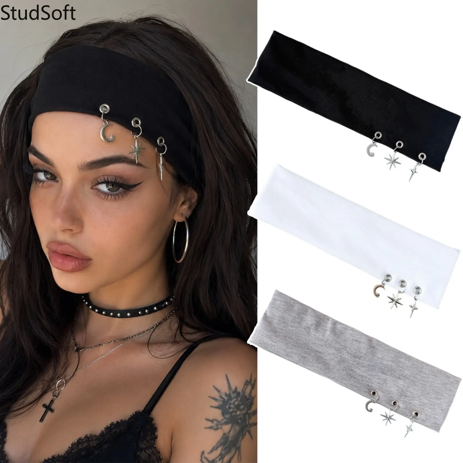 Goth Metal Charm Headband 3-Pack Black White Grey Wide Elastic Hairband Moon Star Pendant Y2K Cyberpunk Sweatband Hair Accessories for Women Streetwear