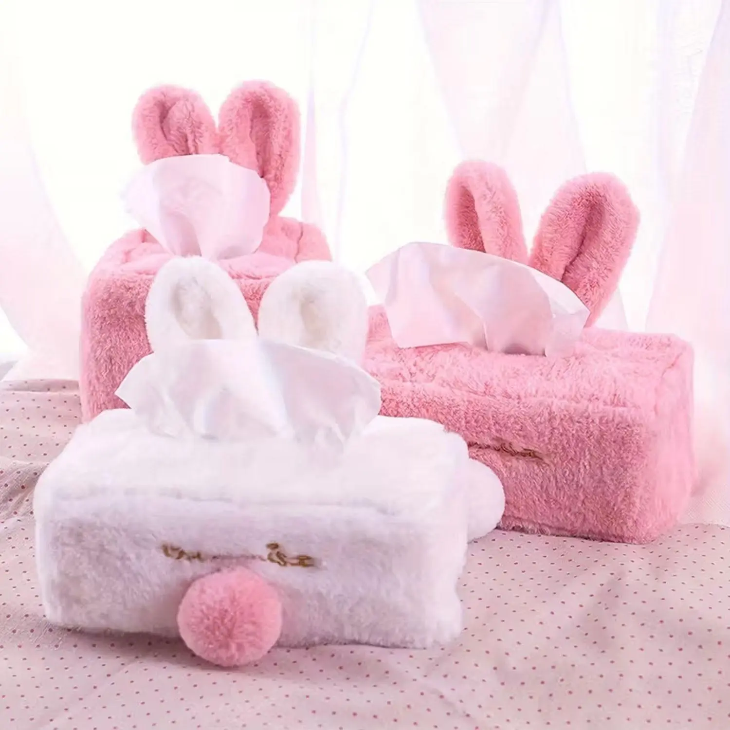 New plush rabbit tissue box, cartoon tissue cover, tissue drawer set, Christmas home-use living room tissue box, cartoon tissue drawer, pink bunny tissue box, long-eared pink rabbit fabric-covered tissue drawer