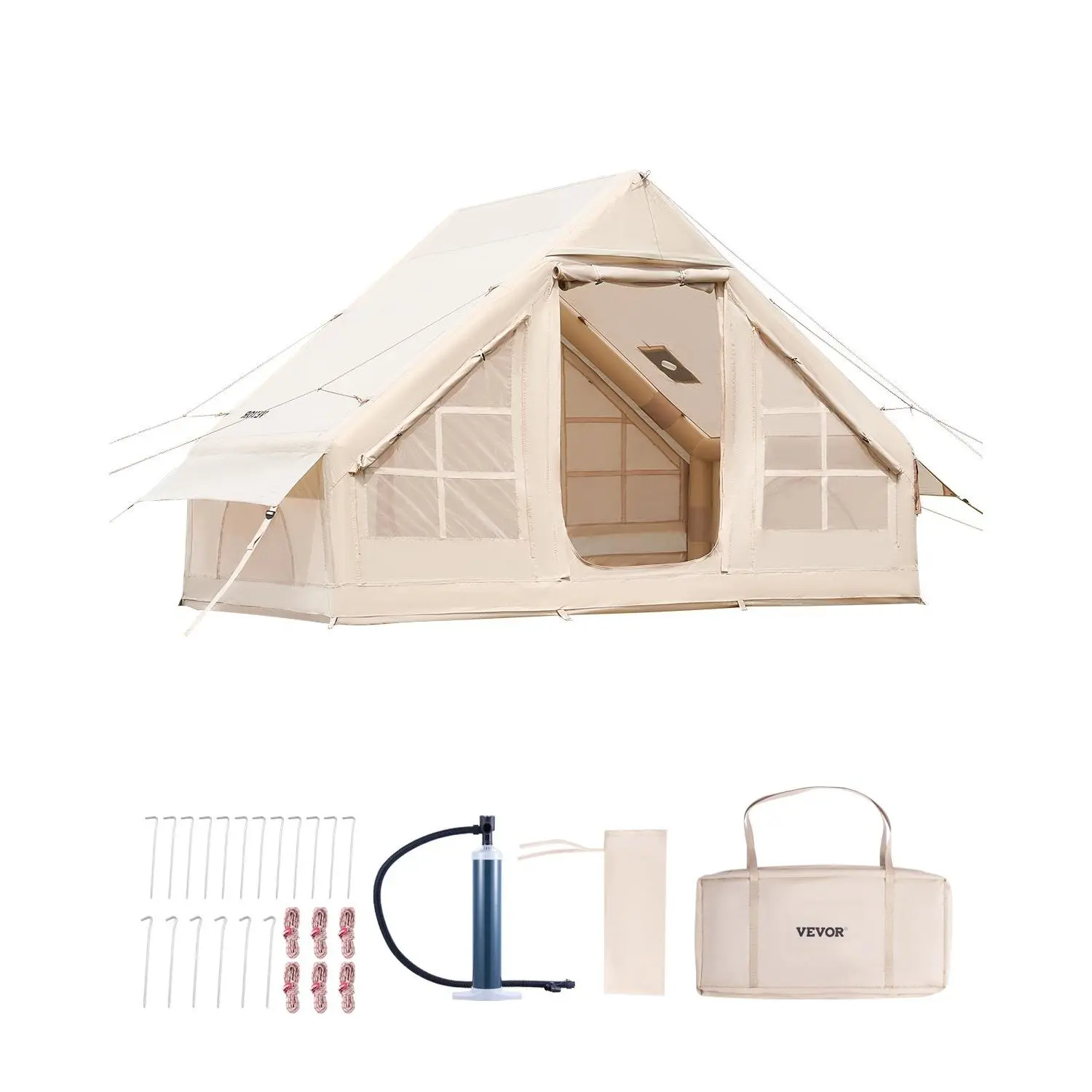 VEVOR Inflatable Tents for Camping, 3-5 Person Easy Setup Blow up Tent with Hand Pump, 300D Oxford 4 Season Glamping Tent with Stove Jack 2 Doors 2 Mesh Windows, Storage Bag Included for Easy Taking