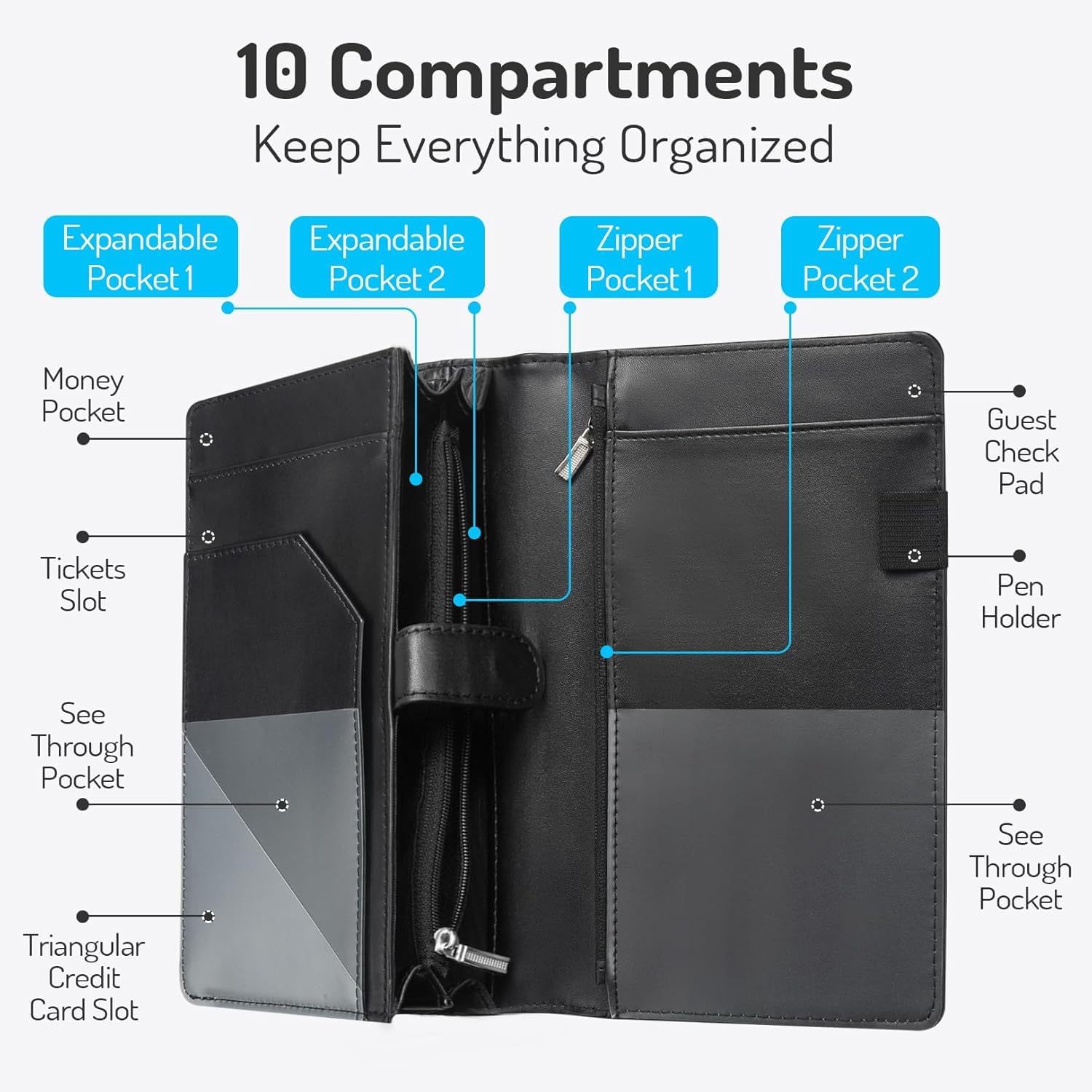 Server Book High Volume, Expandable Server Book,5"9", Waitress Waiter Book, Leather Waitress Book with 2 Zipper Pockets and  Pocket, Server Books Server Booklet Fit Server Apron,