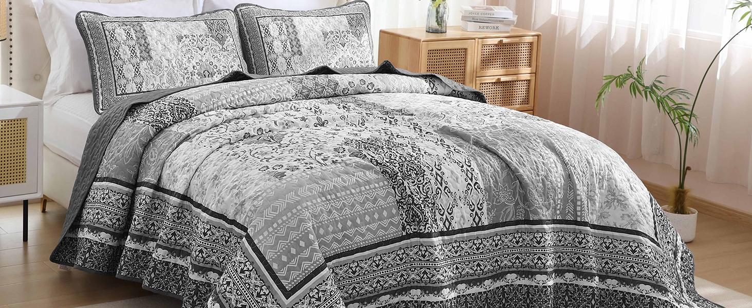 Grey Set King Size,Bohemian Floral Patchwork Bedspread Coverlet Set, Soft 3 Pieces Boho Bedspreads Bedding Set for All (104"x90")