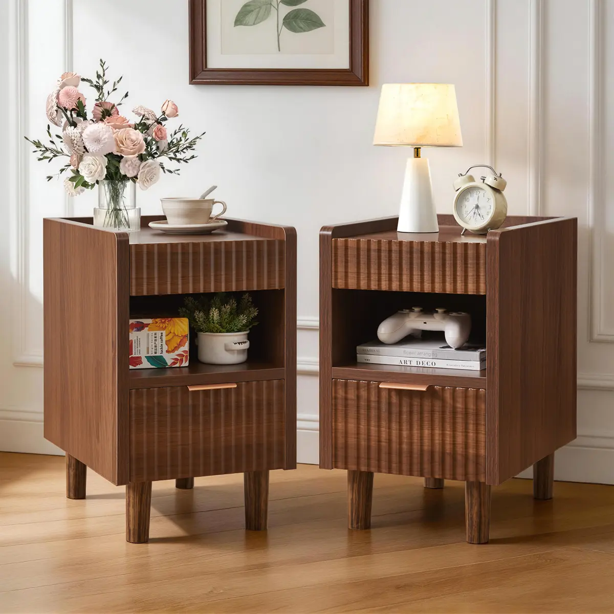 Nightstand Set of 2, Fluted Wood Nightstand with Drawer & Open Storage, Modern Bedroom Bedside Side End Table for Living Room Home Decor,Walnut
