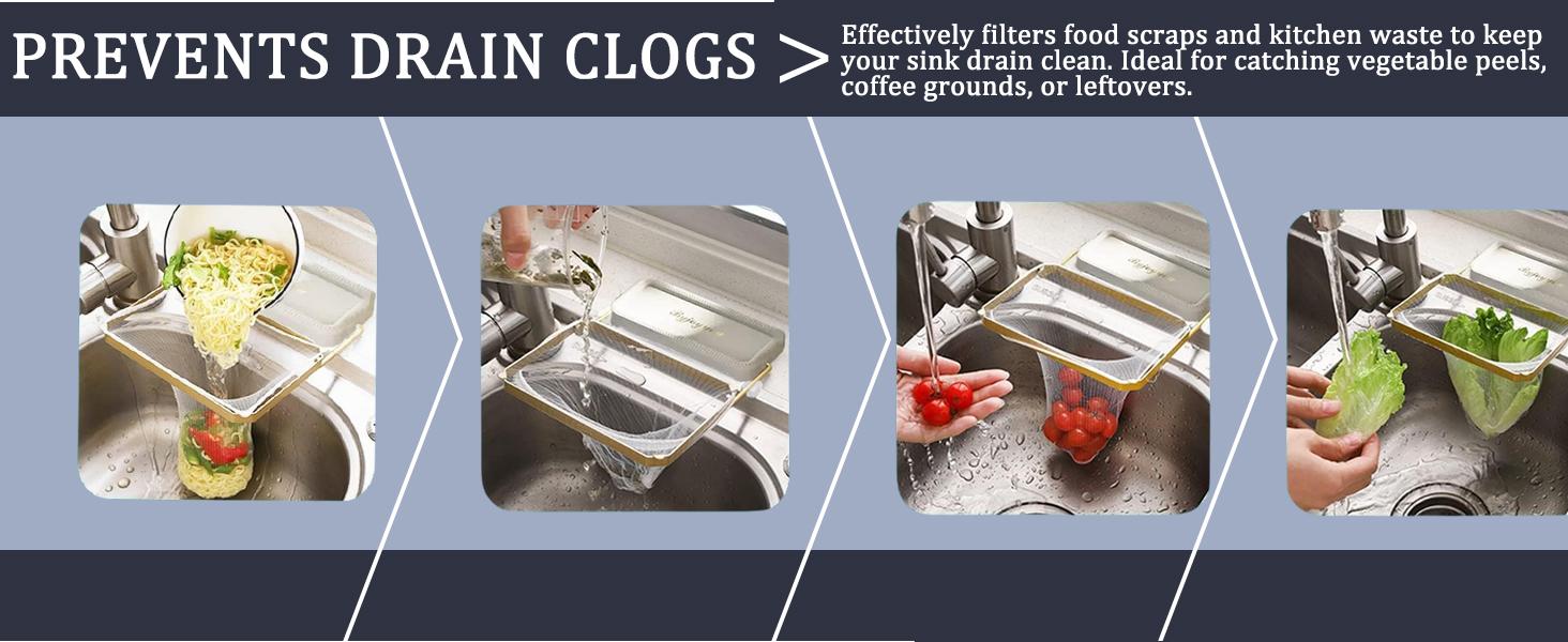 Foldable Kitchen Sink Filter Basket, 100 Disposable Mesh Bags, Rotatable Food Waste Disposal Gadget (White)