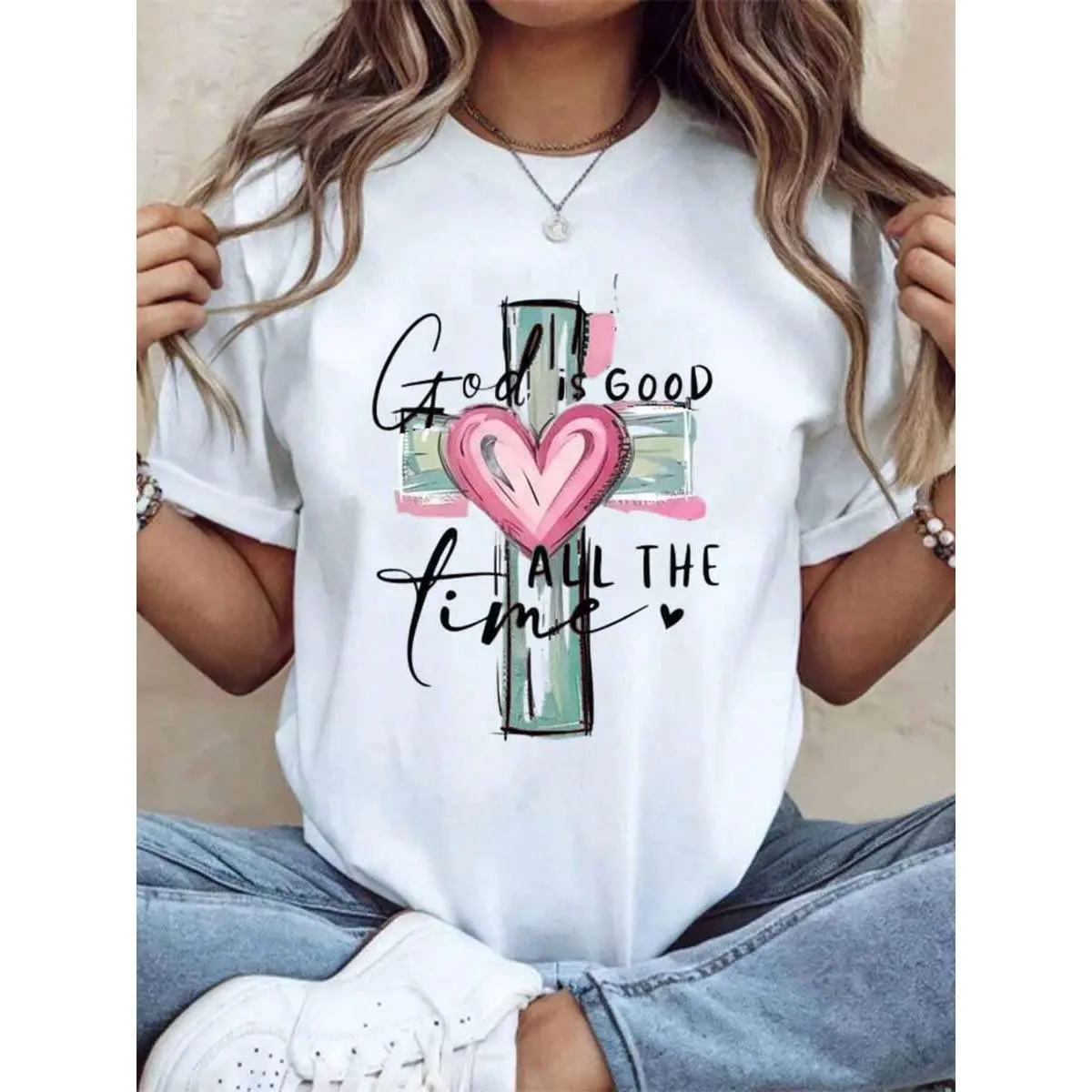 Faith Inspired Christian Cross Heart T Shirt For Women God Is Good All The Time Religious Top Cute Summer Outfit Mother Day Gift Idea 220g
