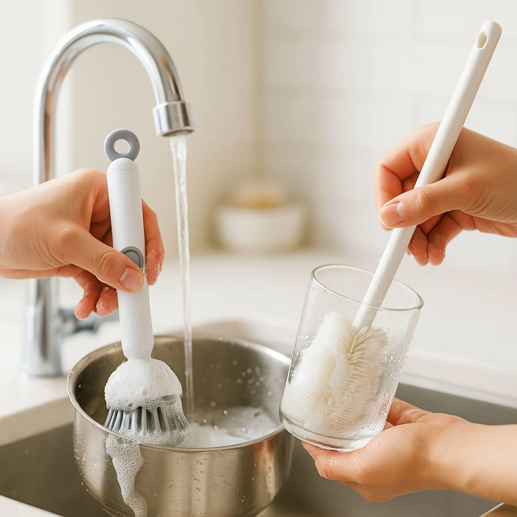 Refillable Soap Dispensing Kitchen Scrub Brush Kit, 2 Bendable Long Handle Bottle Brushes, Cleans Tough Grease and Residues