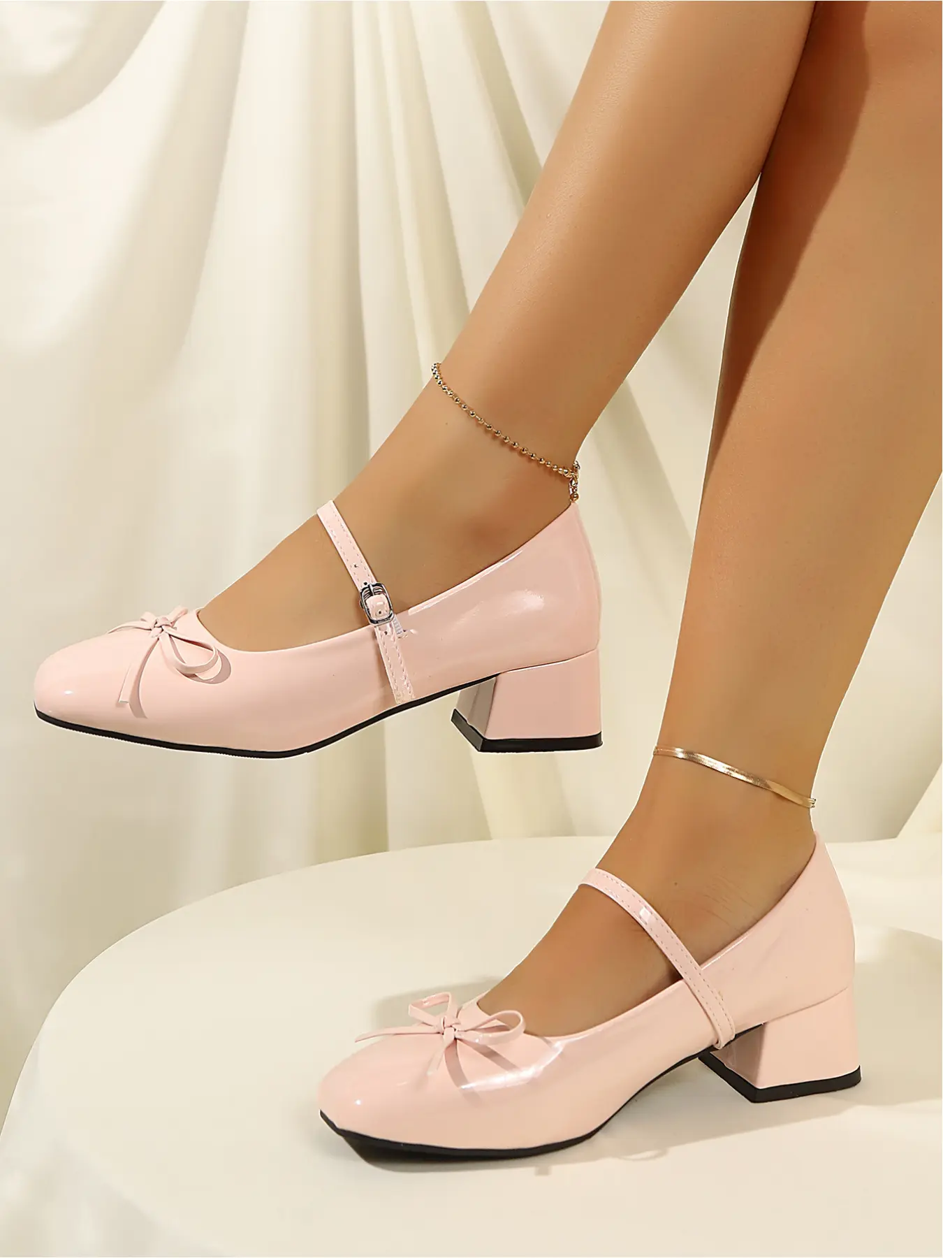 Minimal Solid Patent Bow Strap Women's Mary Jane Heels, Two All-Match Colors, Slip-On Casual Mid Heels For Daily Errands & Stroll