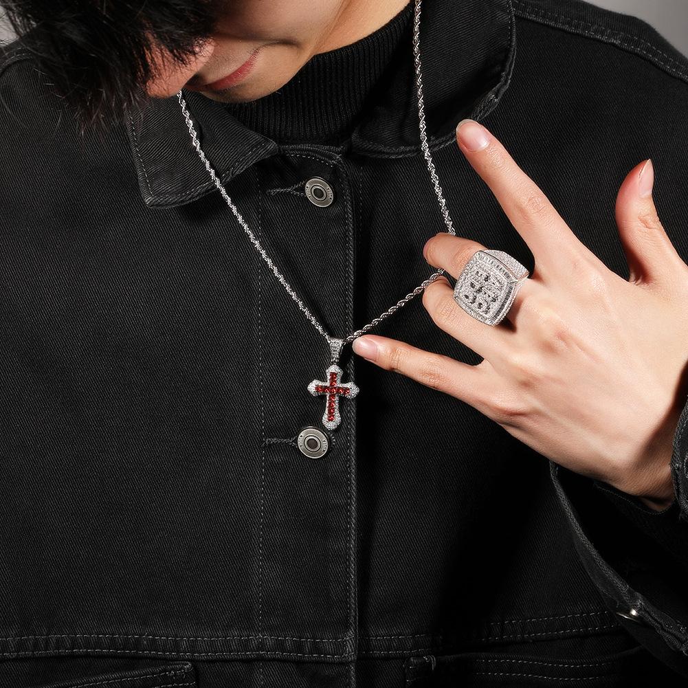 Hip-hop new blue zirconium cross necklace for men, fashionable and versatile heavy-punk sweater chain accessory