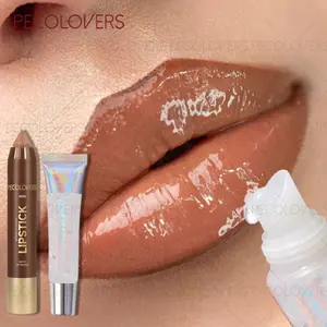 2PCS/set  Creamy Texture Lip Gloss&Brown Tube Lipstick Pen，2 in 1 Lipline,Moisturizing，Nourishing Lip Glaze, Daily Makeup