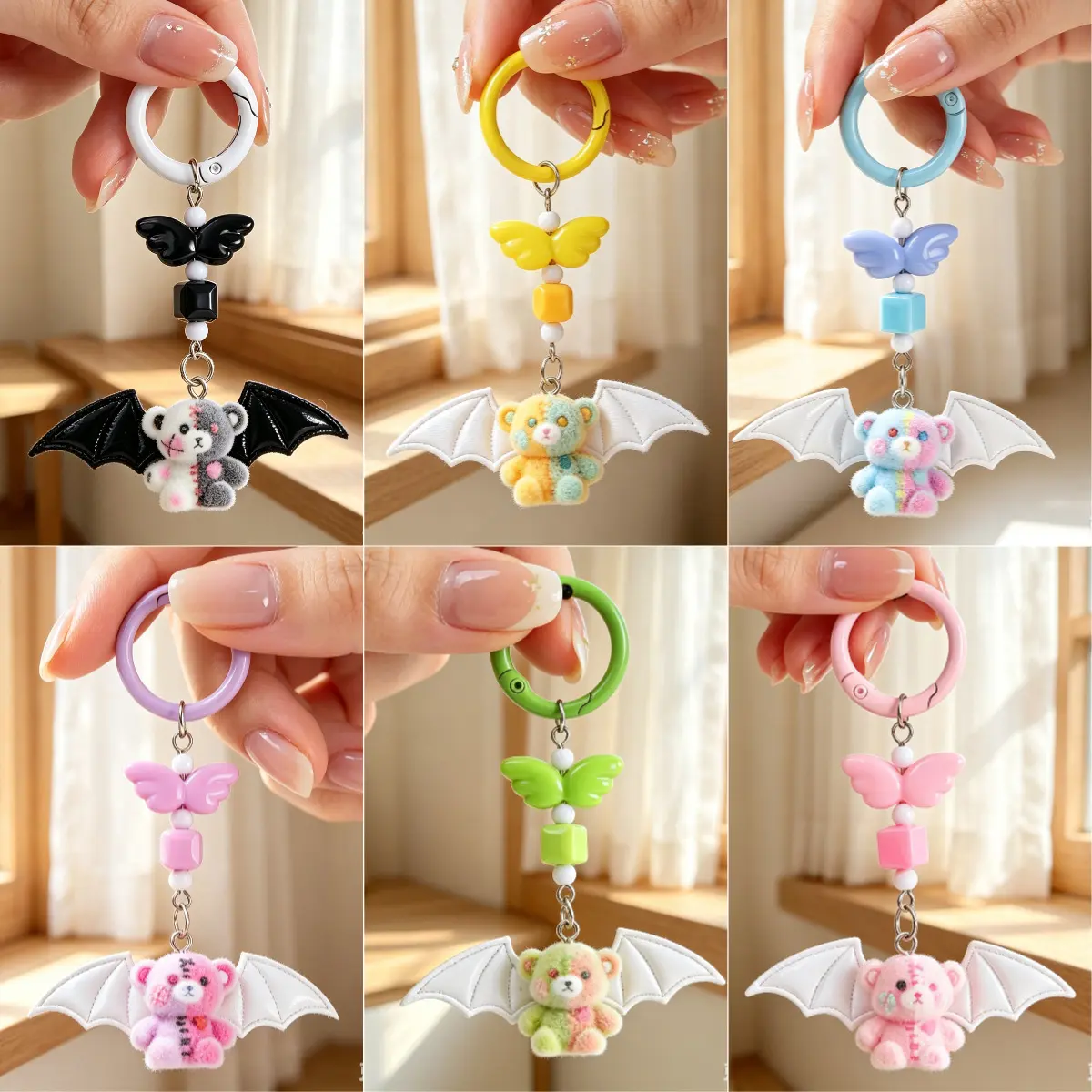 Y2K Halloween Keychain Charm, Cute Gothic Devil Bear Bag Pendant with Bat Wing Design, Fluffy Plush Teddy Bear Accessory, Colorful Beaded O Ring Key Holder for Girls Backpack, Purse, Camera Strap Decoration, Spooky Party Gift summerwins