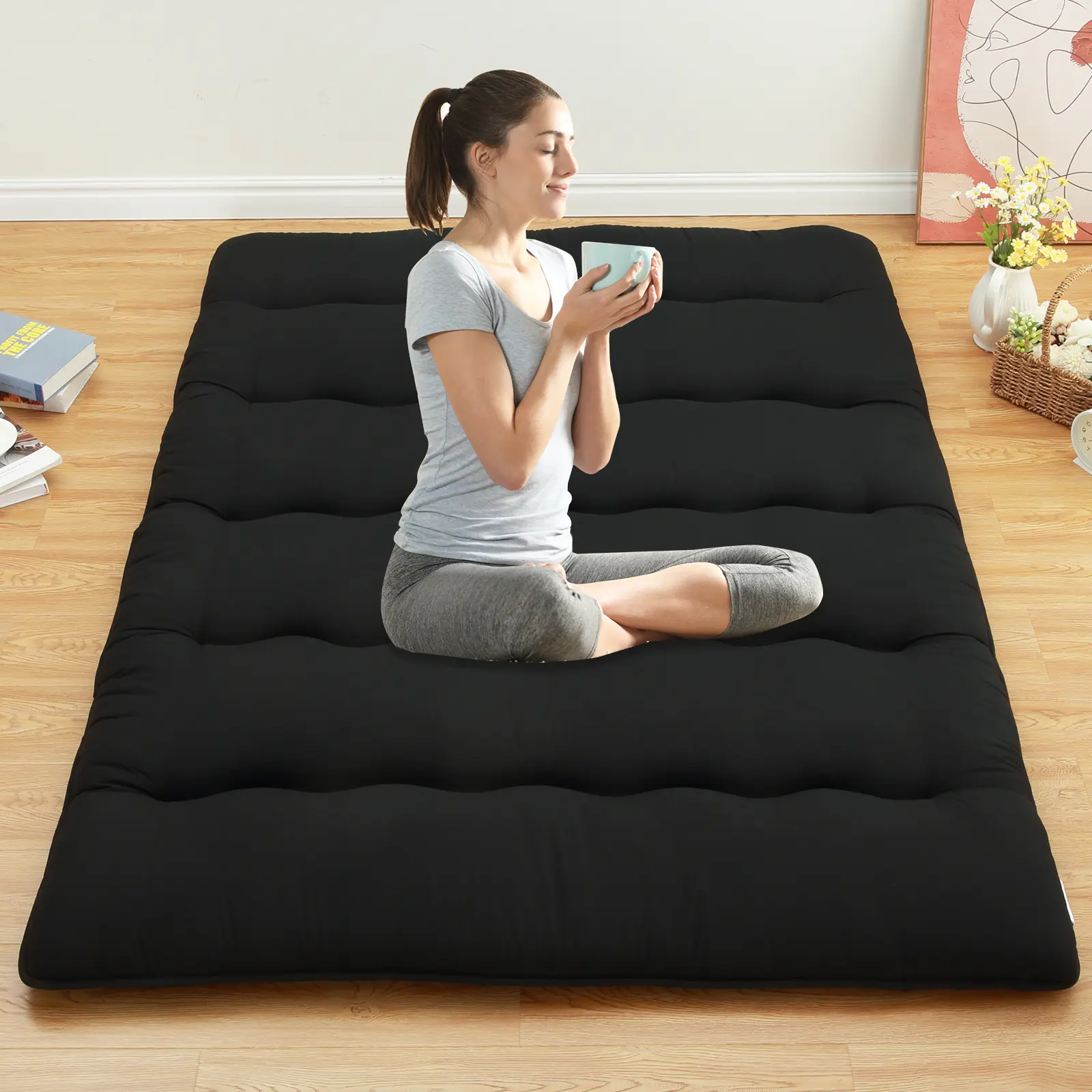 3-Inch Japanese Futon Mattress, Tri-Fold Floor Couch & Tatami Mat, Roll-Up Bed for Camping, Guest Room, Dorm