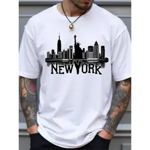 Men’s New York Skyline Graphic T-Shirt, City Silhouette Print Crew Neck Tee, Casual Short Sleeve Top, Soft Breathable Fabric, Urban Style Streetwear, Comfortable Everyday Wear for Spring Summer