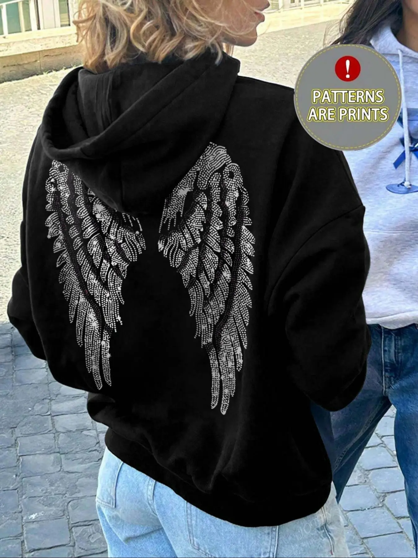 Women's Hooded Sweatshirt with Wing Print, Casual Loose-Fit Pocket Top for Fall & Winter, Soft Kint Fabric Daily Wear, Graphic Hoodies
