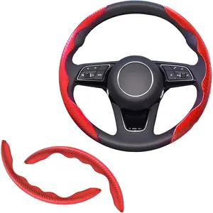 2pcs Universal Fit Carbon Fiber Steering Wheel Cover, Anti-Skid Steering Wheel Cover/Segmented Steering Wheel Protector/Car Interior Accessories (red)