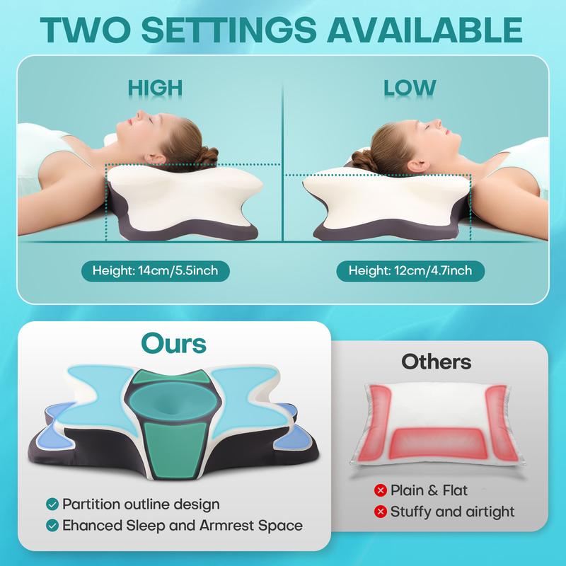Double-Sided Zoned Contour Neck Pillow - Dual-Height Supportive Memory Foam - Cool-Breathable Pillowcase, Enlarged Armrest Section - Center Groove Design, Ultra-Soft for Side, Stomach & Back Sleepers #TOP PICKS