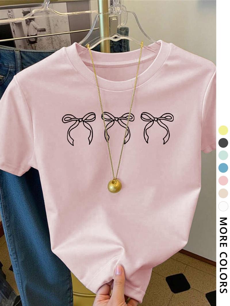 Women's Bow Print Round Neck Tee, Casual Cute Short Sleeve T-shirt for Summer, Ladies Clothes for Daily Wear, Top, Tshirt