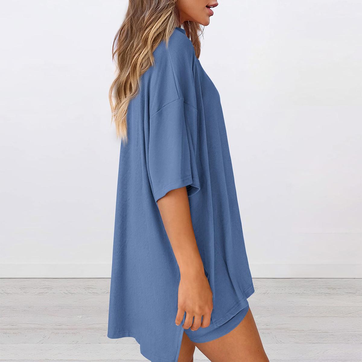 Women's Summer Two-Piece Set Casual Oversized Crewneck Split Hem Shirts & Side Pocket Biker Shorts Minimalist Lounge Wear Soft Viscose Fabric Comfy Homewear Cozy Pjs