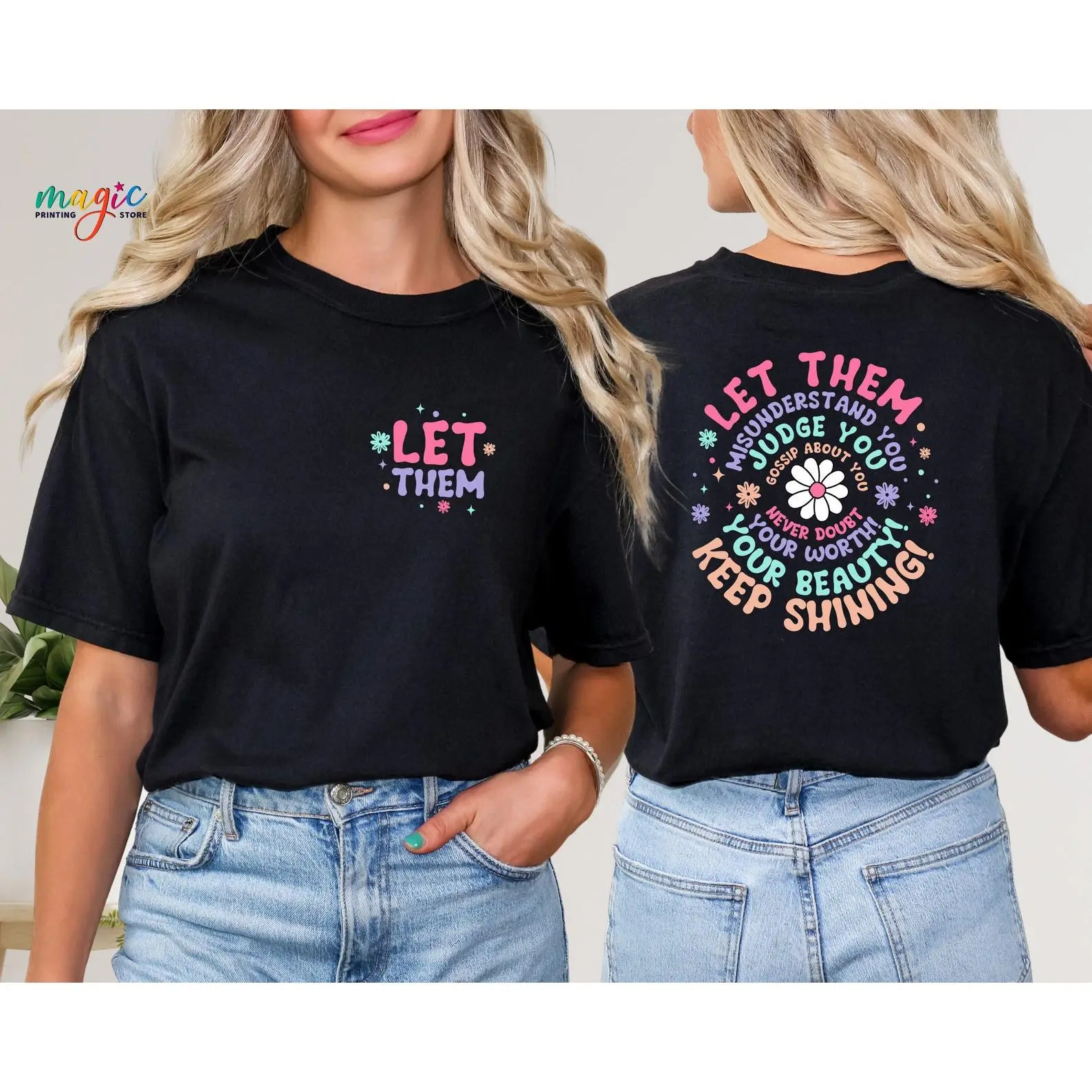 Women's Oversized Graphic T-Shirt, Cute Floral Motivational Double-Sided Print, Comfy 100% Cotton Short Sleeve Solid Top, Shortsleeve, Girl, Rainbow, Daisy, Skirts, Pastel, Colorful