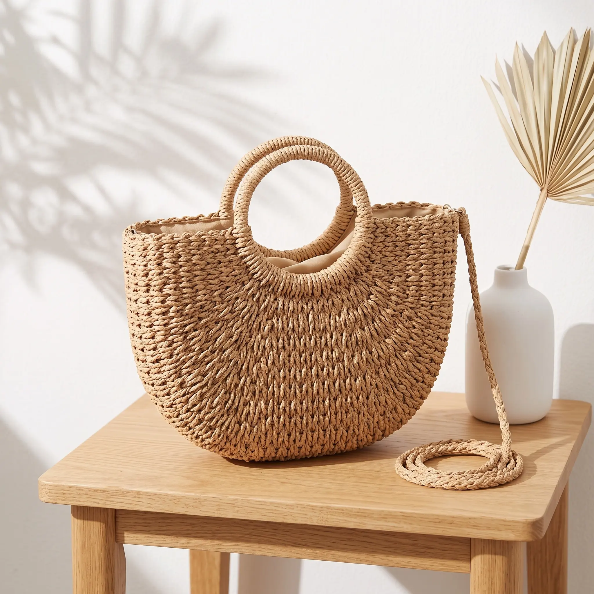 Straw Tote Bag Summer Beach Bag Handmade Straw Rattan Woven Handbag for Women Travel