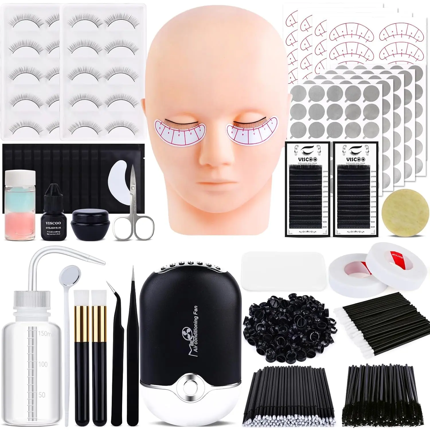 Black Eyelash Extension Starter Kit for Beginners - Professional Supplies with Mannequin Head, Lash Fan, Stainless Steel Components for Training Use