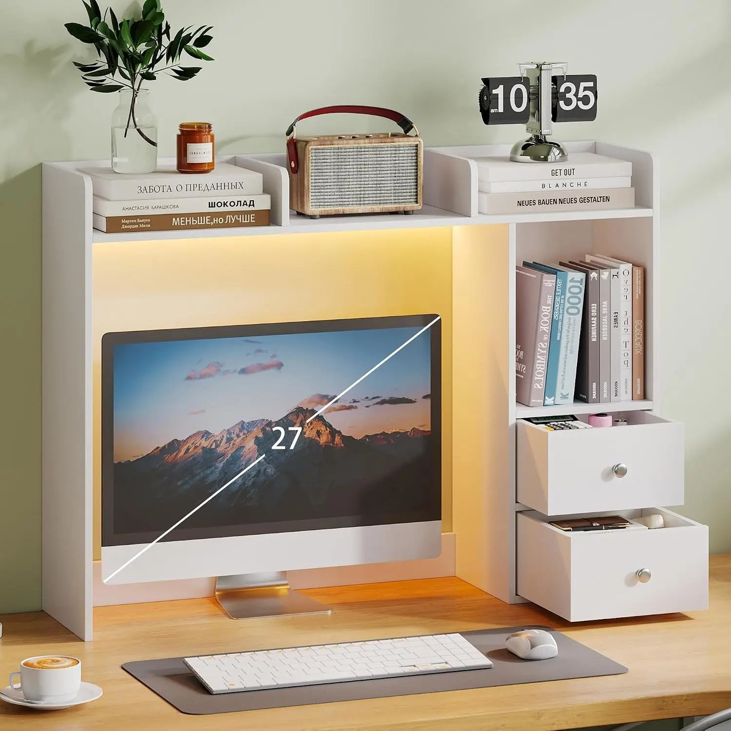 White Minimalist MDF Wood Desktop Bookshelf with LED Lights - 36.6" Wide Desk Hutch, 4 Shelves, 2 Drawers, Anti-Tip Base, Fits 27" Monitor, Desk Organizer for Dorm, Home Use