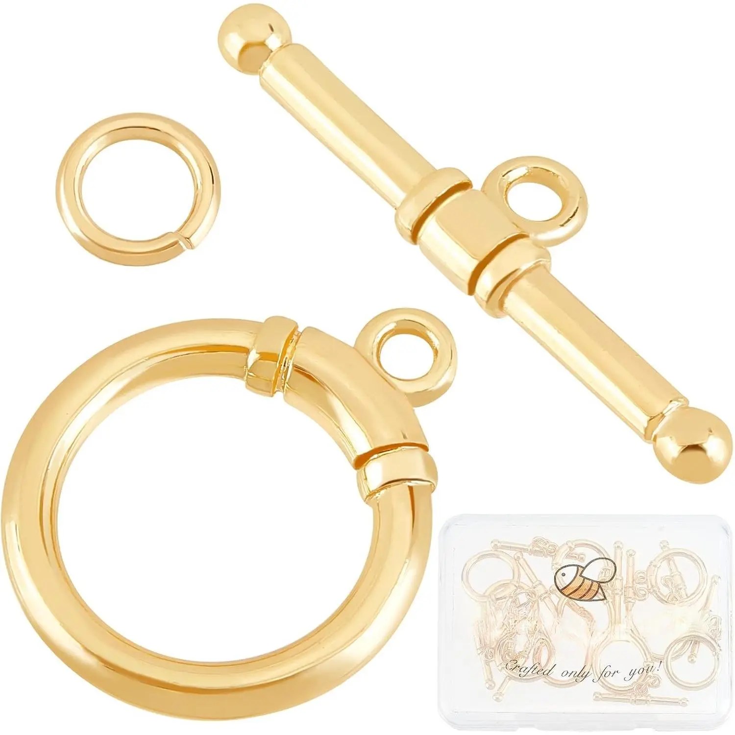 10 Sets Toggle  Clasps 18K  Plated | Round Ring Toggle T Bar Clasps Sets, Connectors for Necklace Bracelet Making, 17x14mm