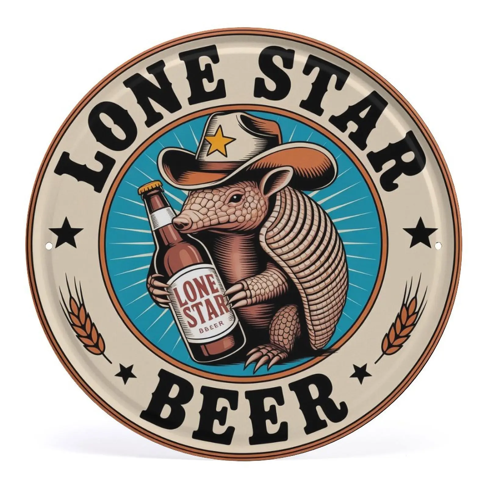Armadillo Beer Tin Sign Vintage Lone Star Beer Metal Sign Print Aesthetic Room Decoration for Home Bedroom Bar Cafe Garden And Outdoor Round Wall Decor 12 In