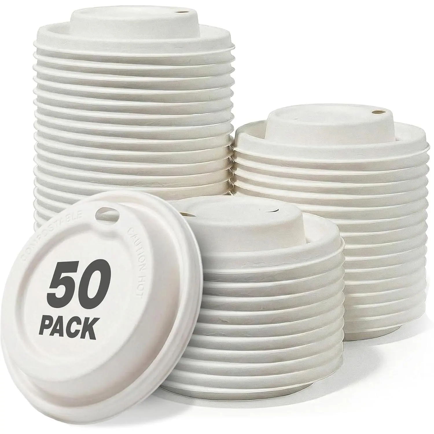Compostable Coffee Cup  50 Pack -  Bagasse Coffee  for 12oz Cups - Disposable  Free  Based Lid -  Hot Drink Lid - Leak Proof White
