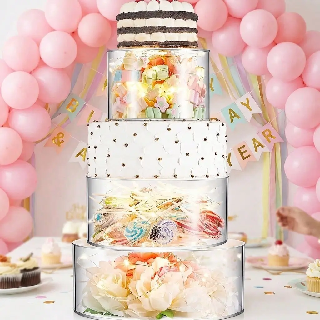 3pcs Acrylic Cake Stand Fillable Cake Stand Floating Clear Cake Stand Cake Riser Cake Tier Cake Display Round Cake Stand Birthday Wedding Cake Stand Cylinder Stand for Party Dessert Stands