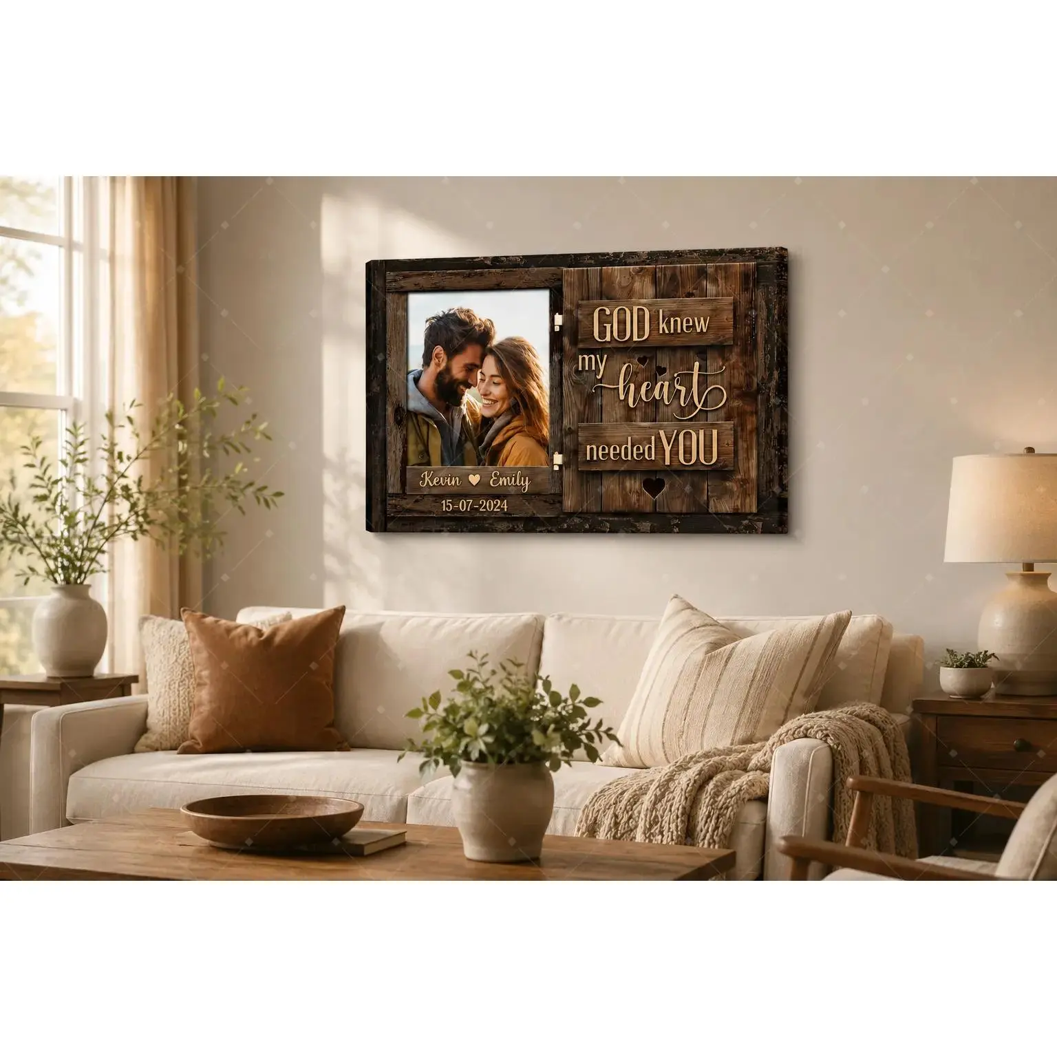 Personalized Retro Rustic Barn Wood Couple Canvas Wall Art - Custom Photo, Names, Date, "God Knew My Heart Needed You" Quote, Hollow Decoration for Farmhouse Bedroom, Wedding Anniversary Valentine Gift